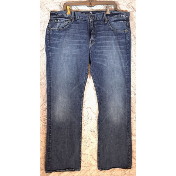 7 For All‎ Mankind Jeans Mens 40x34 Bootcut Blue Denim Distressed Whiskered - Picture 1 of 16